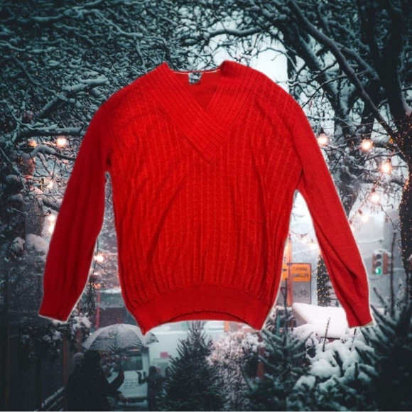 Creation Sweaters - Red V-Neck Light Knit Classy Elegant Sweater with Scrunch Waist holiday